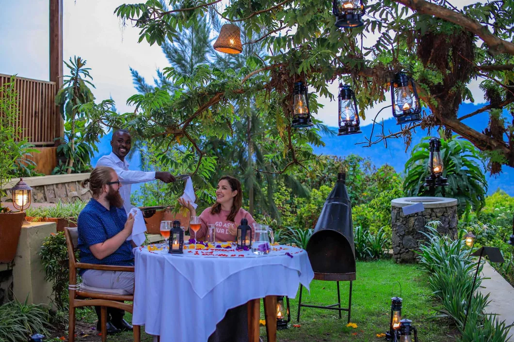 Couple enjoying a private Bwindi honeymoon safari